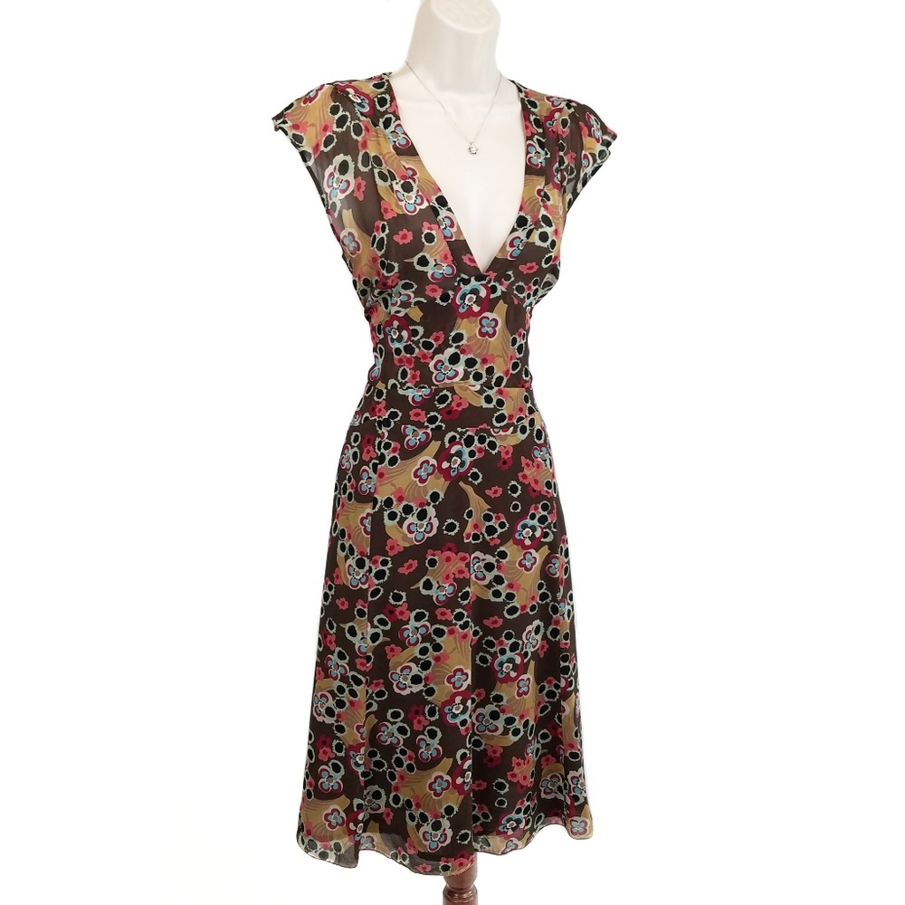 Jigsaw dress silk floral brown tan 8